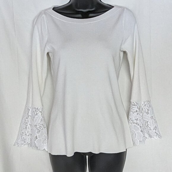 INC white knit top with lace bell sleeves petite small EUC - Picture 1 of 6